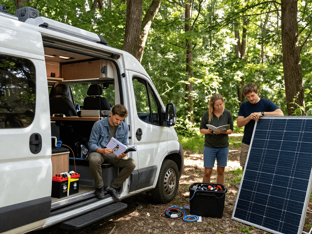 Rokok88 community members engaging in van electrics discussions amidst nature.