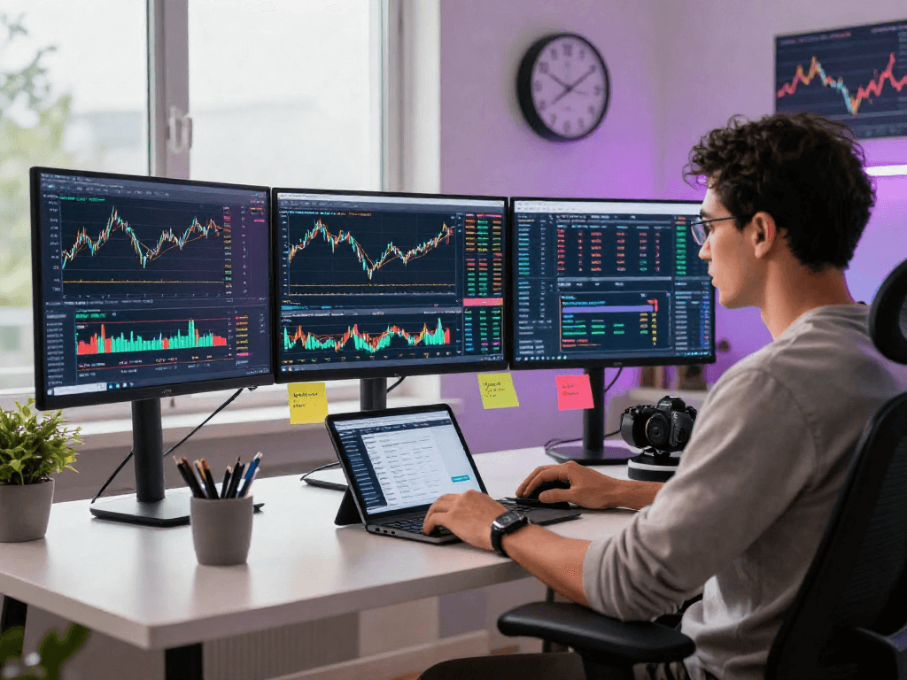TradingView market analysis on multiple screens in a vibrant digital workspace