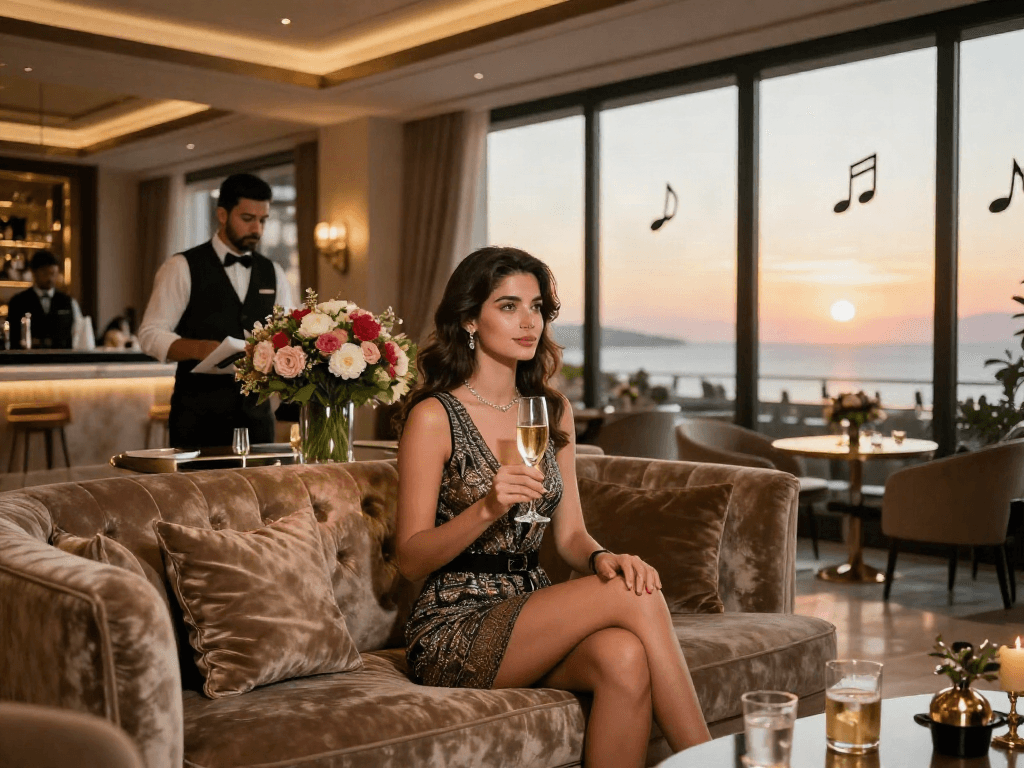Antalya Merkez Escort experience in a luxurious hotel lobby with elegant decor and sunset view.