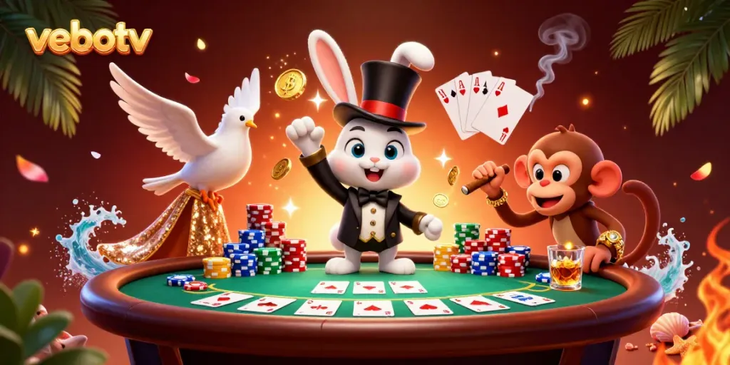 Experience the thrill of vebotv through an exciting 3D illustration of gambling actions with vibrant characters and casino elements.