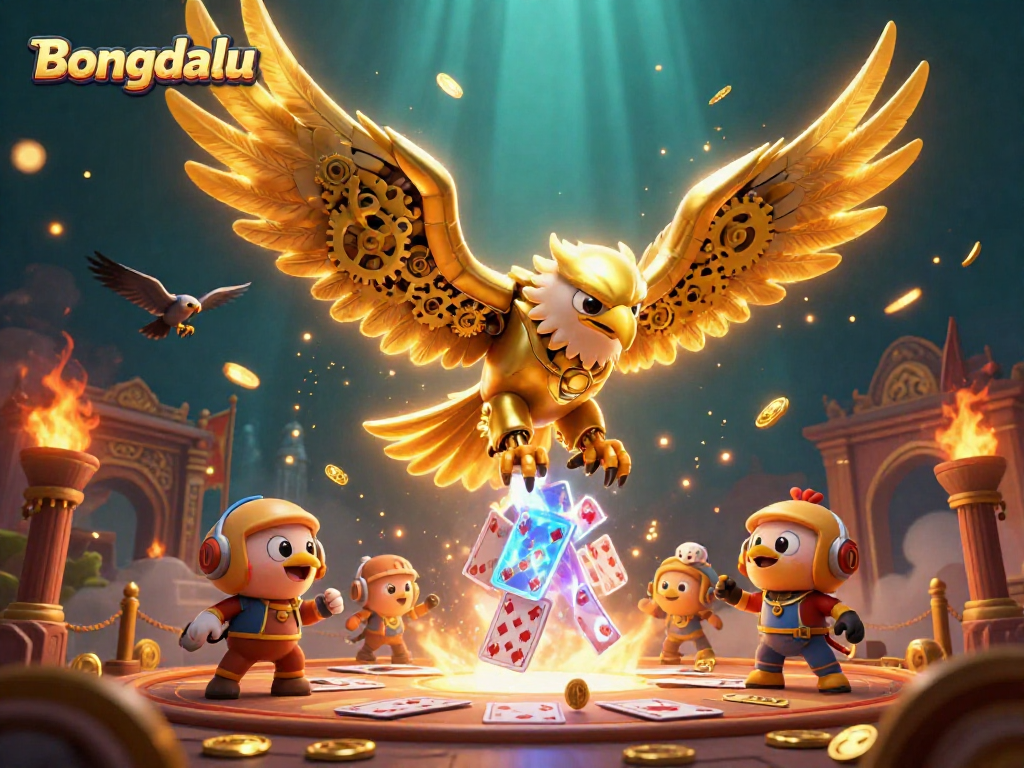 Bongdalu showcases a cybernetic eagle diving through playing cards amid gold coins, symbolizing dynamic betting.