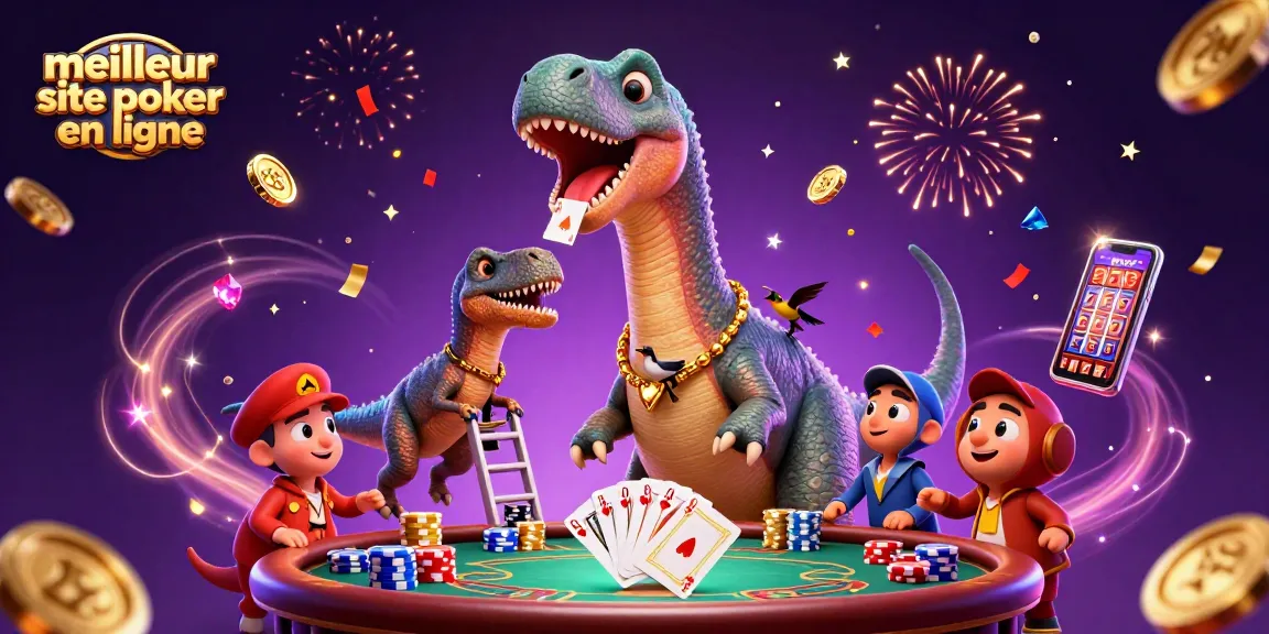 Gagnez au meilleur site de poker en ligne avec une illustration magique de dinosaures aux tables de poker.
