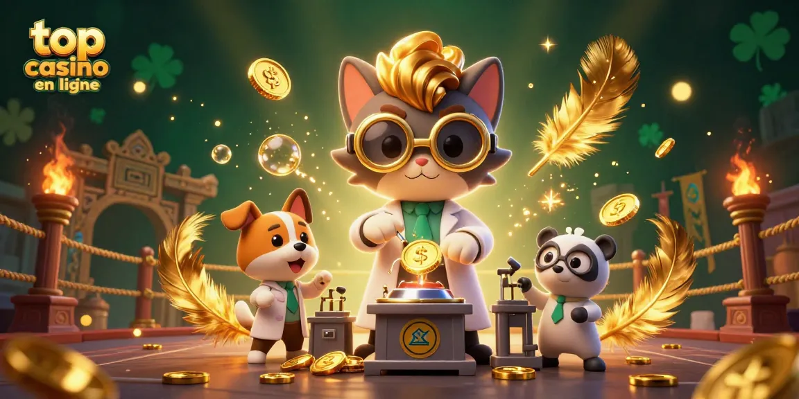 Meilleur casino en ligne : illustration dynamique d'un chat scientifique avec son assistant chien, créant des machines à pièces dorées.
