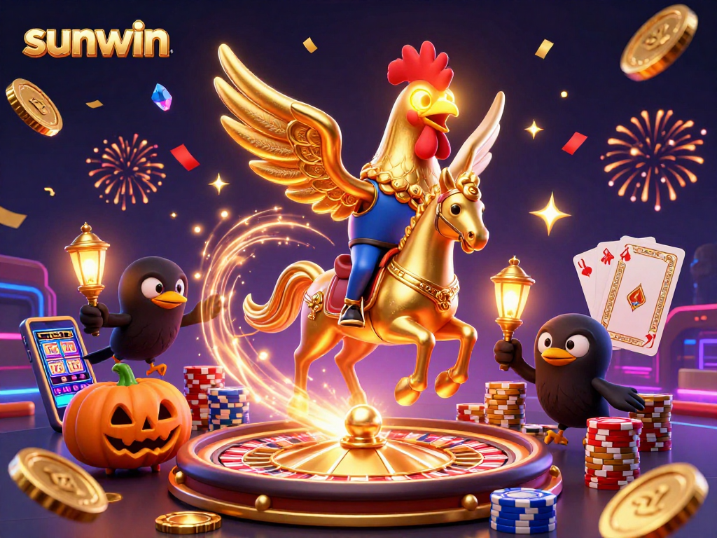 Experience the thrilling world of sunwin as a golden rooster rides through a dazzling casino.