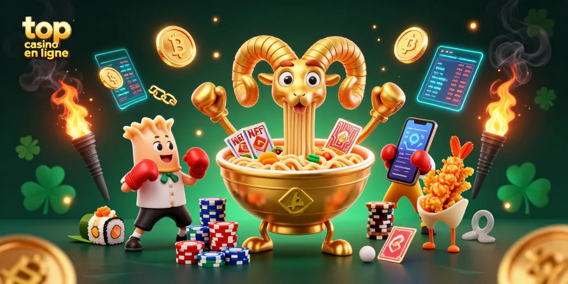 Découvrez le meilleur casino en ligne avec une scène dynamique comprenant un bol de ramen géant et des devises cryptographiques.