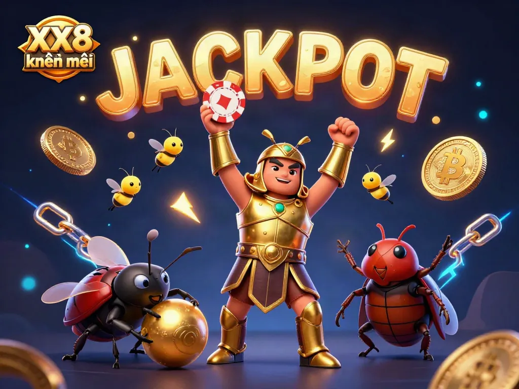 Experience thrilling XX8 khuyến mãi with a triumphant beetle lifting a poker chip amidst vibrant casino elements.