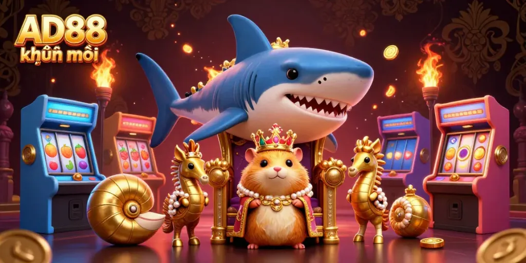 Engage with exciting AD88 khuyến mãi offers featuring a golden hamster king and casino game elements.