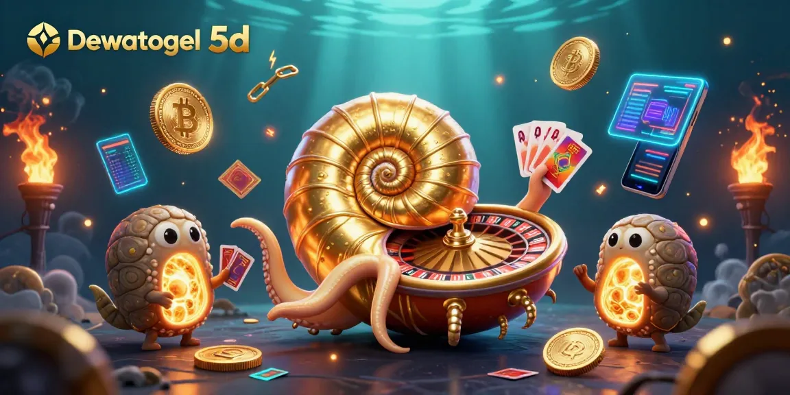 Dewatogel 5d showcases a vibrant underwater scene with a giant nautilus roulette wheel amid glowing coins and cards.