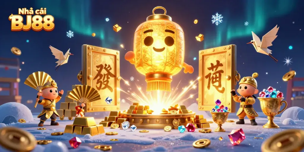 Engage with the vibrant world of Nhà cái BJ88 featuring a mystical lantern spirit amid a dynamic casino scene.