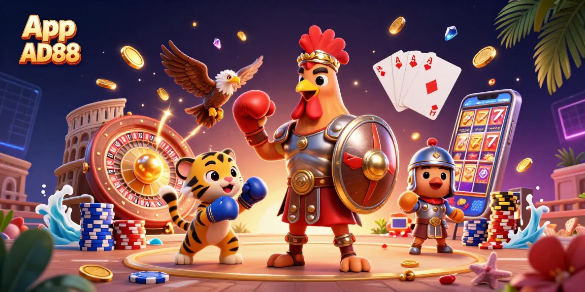 Engage with the App AD88's exciting casino experience featuring animated characters and vibrant gambling elements.