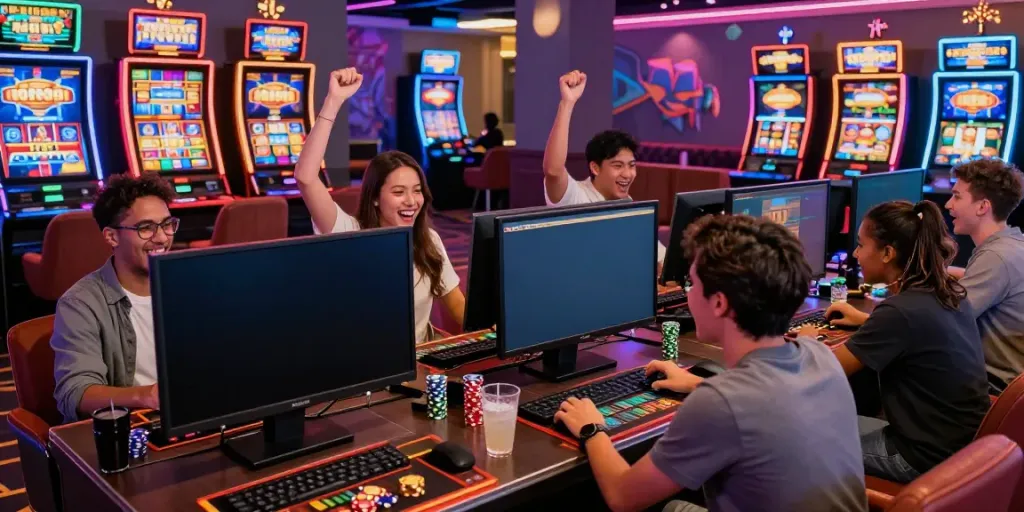 Friends enjoying rokok88 slot in a lively casino setting with vibrant decor.
