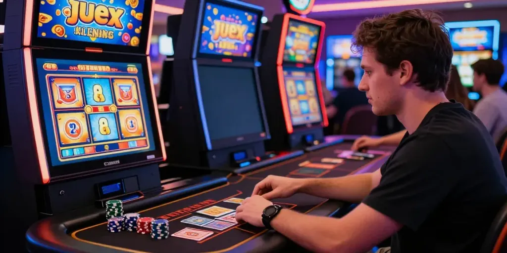 Player enjoying judi slot online on a touchscreen device with vibrant graphics.