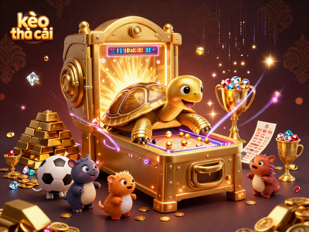 Engage with kèo nhà cái in a colorful 3D scene of a tortoise-shaped pinball machine with sports betting elements.