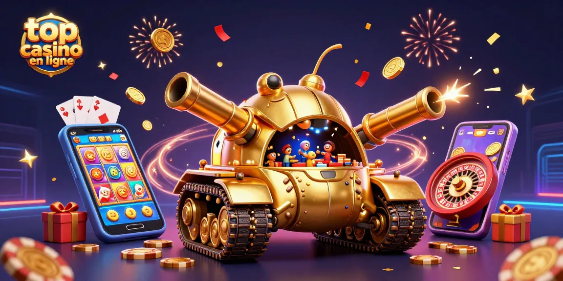 Venez découvrir le top casino en ligne avec un tank doré et un casino miniature en action.