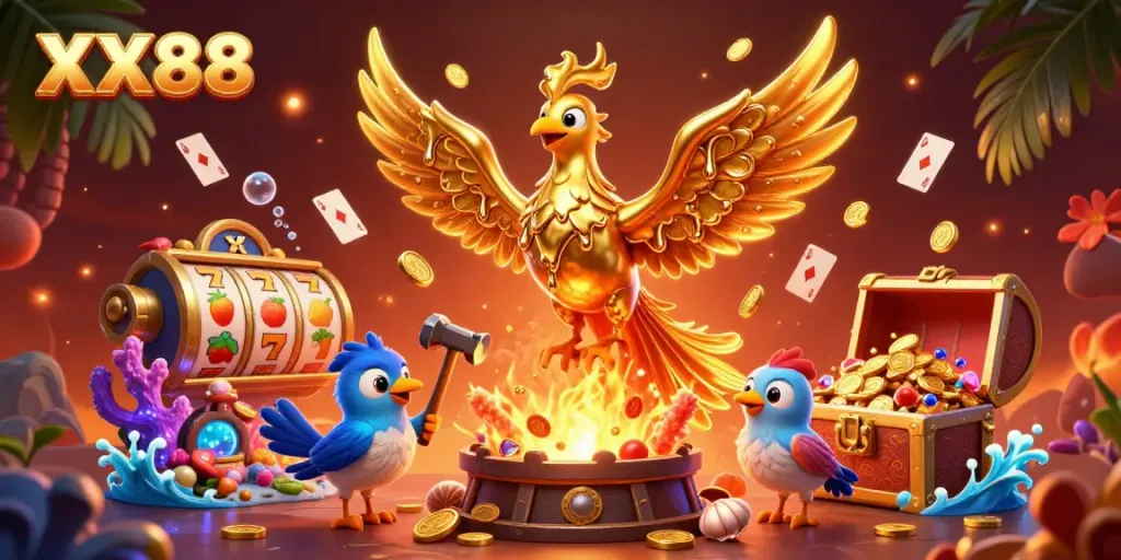 Experience the thrilling world of XX88 with a molten golden phoenix amidst vibrant slots and treasures.