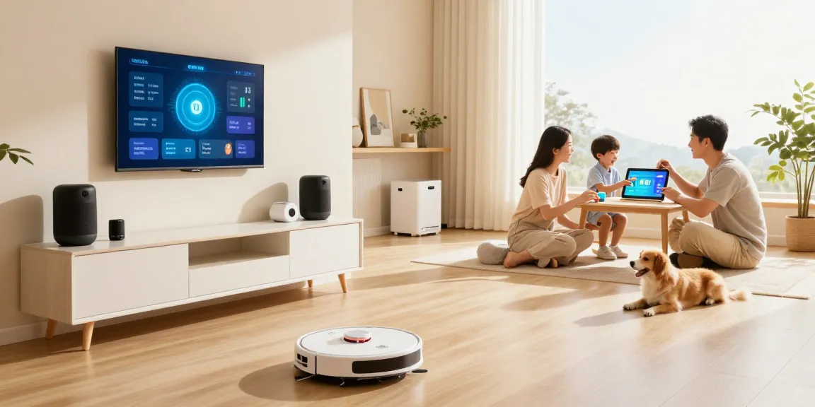 Family enjoying smart home gadgets 2026 in their modern living room, showcasing a connected lifestyle.
