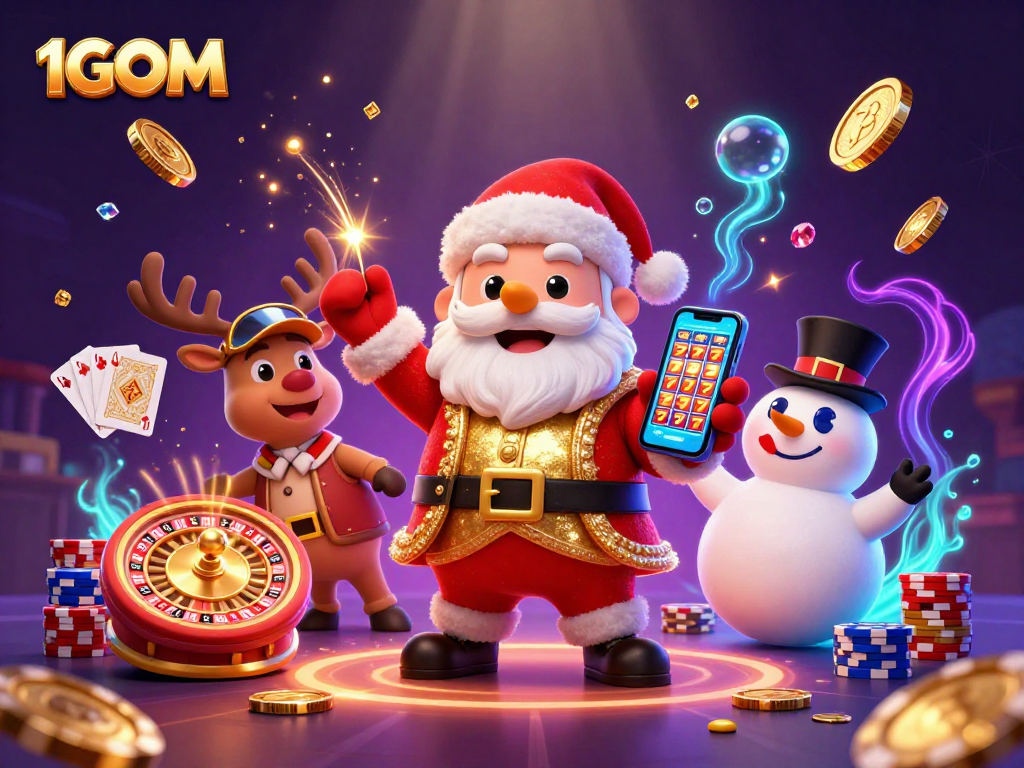 Experience thrilling wins at 1GOM with Santa and friends in a vibrant casino scene filled with exciting games.