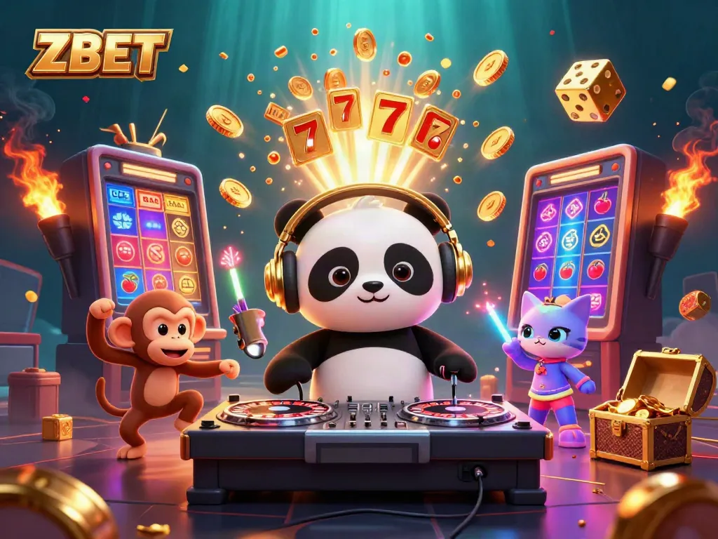 ZBET showcases a vibrant scene of illustrated characters celebrating casino wins with exciting elements like jackpots and coins.