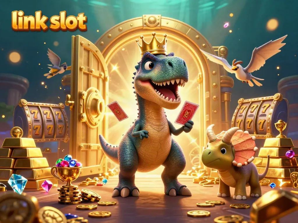Engage with link slot games featuring colorful animated dinosaur characters in a fun casino scene.