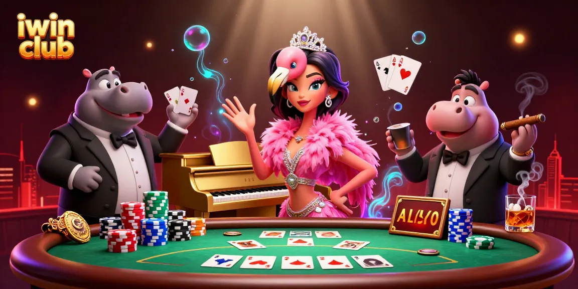 Immerse in iwin club as the flamingo and hippo perform in a vibrant casino setting.