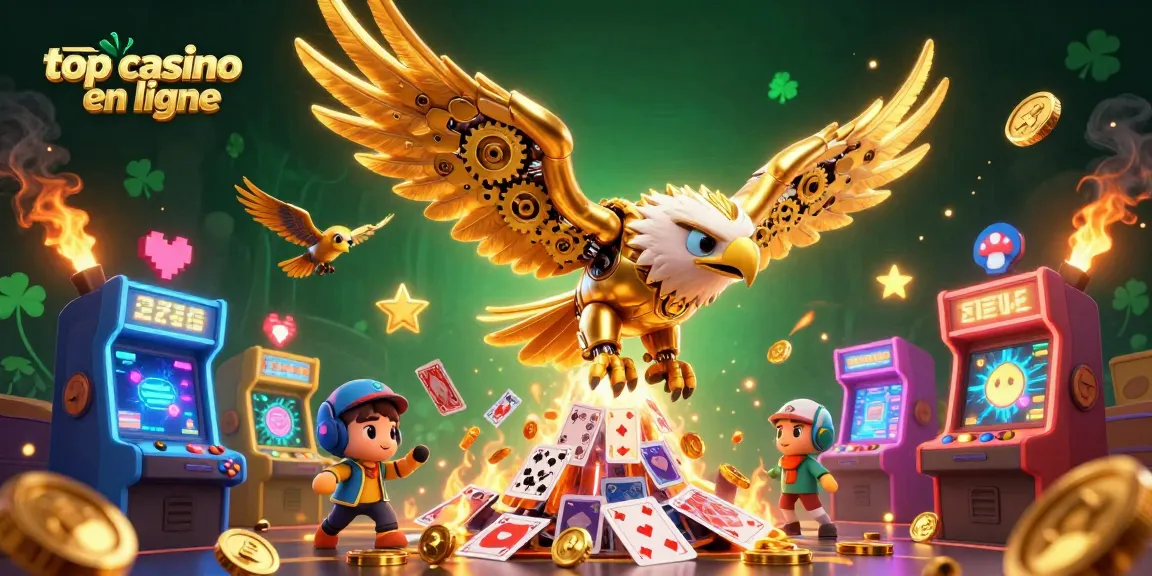 Jouez dans le meilleur casino en ligne avec cette illustration dynamique d'un aigle cybernétique et éléments de jeu