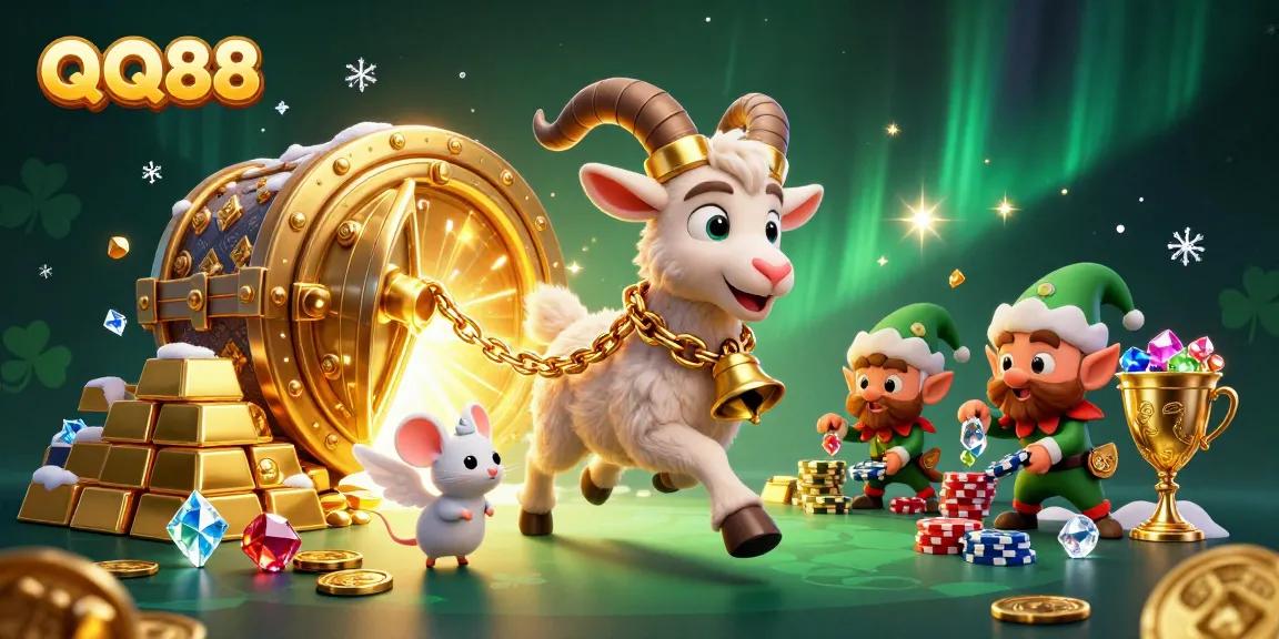 Experience thrilling gaming action at QQ88, featuring a festive casino scene with vibrant characters.