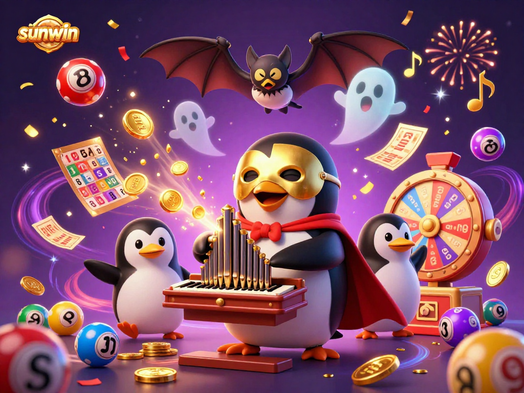Engage with the sunwin casino excitement featuring a phantom penguin playing organ, golden coins, and festive energy.