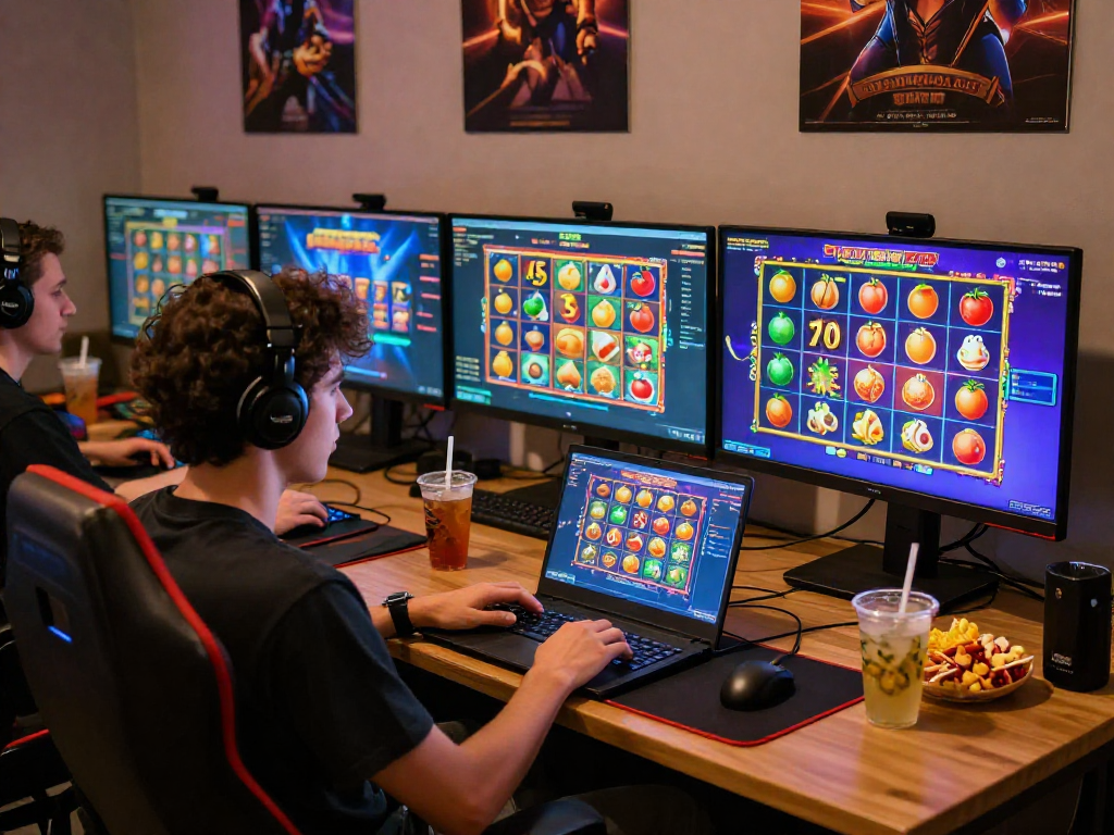 Exciting player engaged in daftar slot gaming experience with vibrant graphics and snacks.