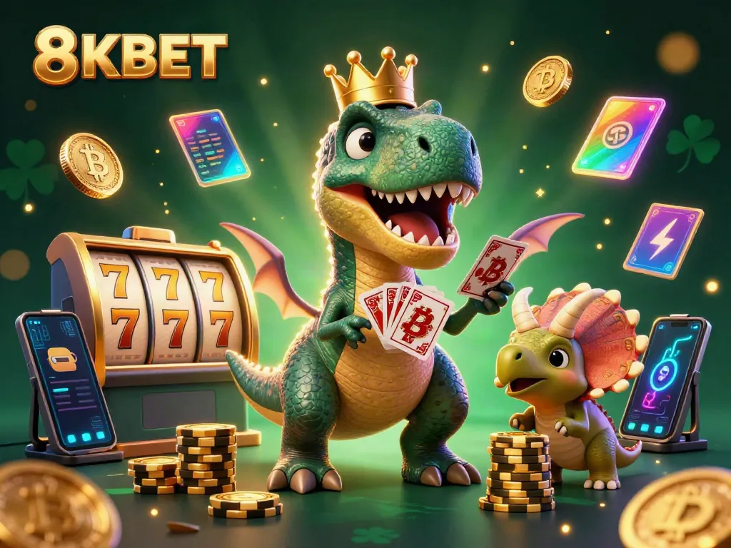Engage with the vibrant scene featuring 8KBET's friendly T-Rex character shuffling cards surrounded by golden chips, slot reels, and cryptocurrency elements.
