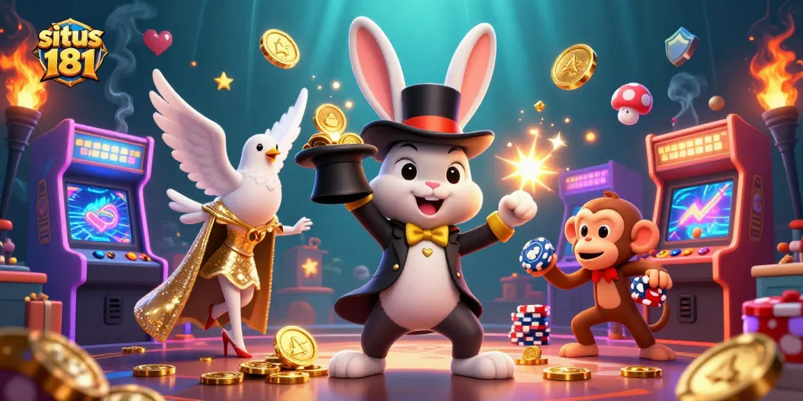 Engage with situs 181 and watch as a magician rabbit, dove, and monkey create casino magic.