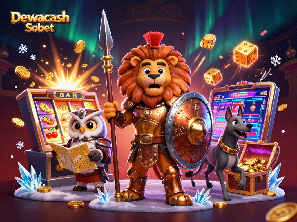 Dewacash Sbobet showcases an exhilarating casino scene with a Spartan lion, wise owl, and swift greyhound amid vibrant gaming elements.