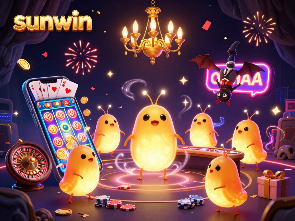 Experience sunwin's vibrant casino atmosphere illuminated by glowworms and bat dealer in a dynamic scene.