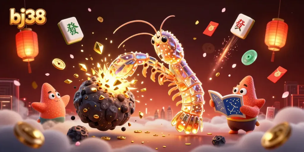 Engage with bj38 while witnessing a galactic mantis shrimp breaking an asteroid for golden treasures in a dynamic casino scene.