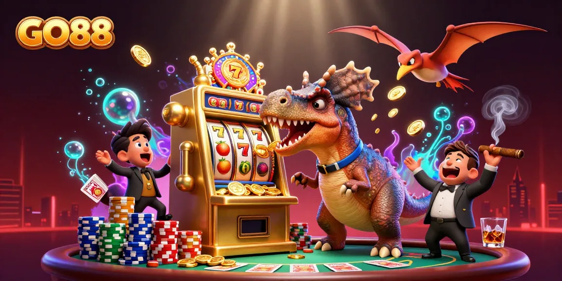 Engaging GO88 illustration of a dinosaur hitting a slot machine, capturing excitement in gaming.