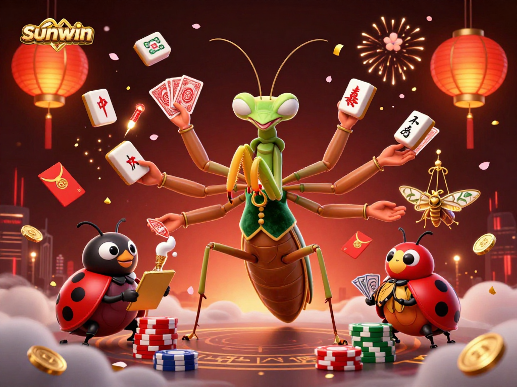 Experience vibrant joy at sunwin, featuring a playful mantis card sharp and vivid casino elements.