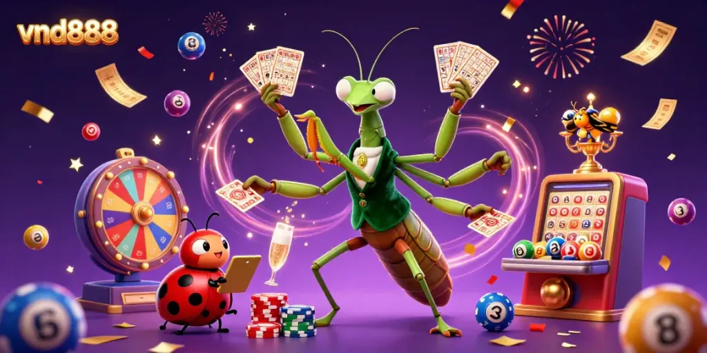 Experience casino excitement with vnd888, featuring a giant mantis card sharp and ladybug pit boss in a vibrant scene.
