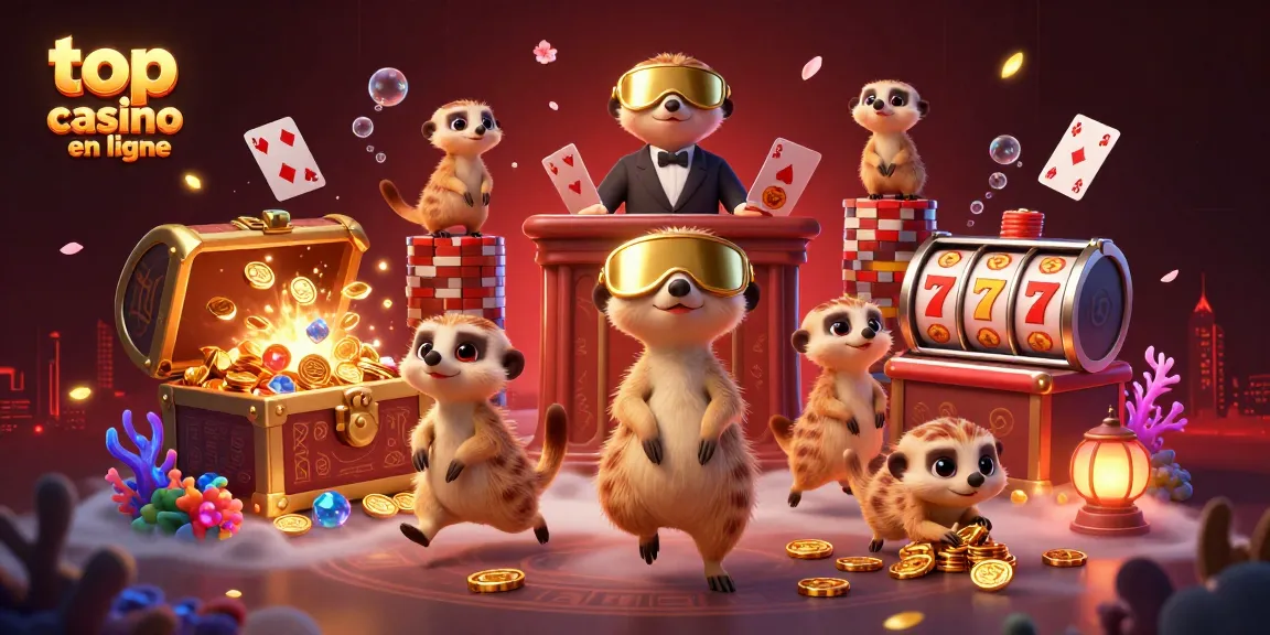 Vue d'un top casino en ligne avec des suricates animés gérant des jeux de casino et des trésors.