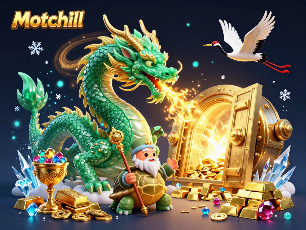 Experience thrilling moments with Motchill as the jade dragon breathes fire among treasures in a vibrant gambling scene.