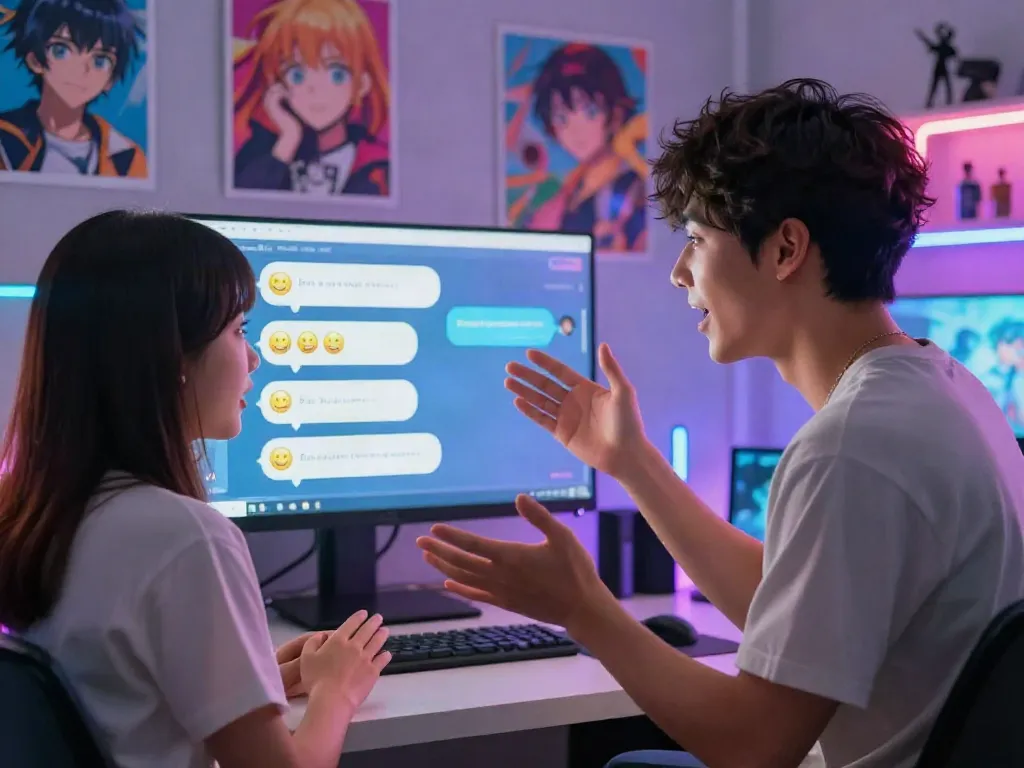 Animated scene of characters engaging in hentai ai chat with vibrant digital backgrounds.