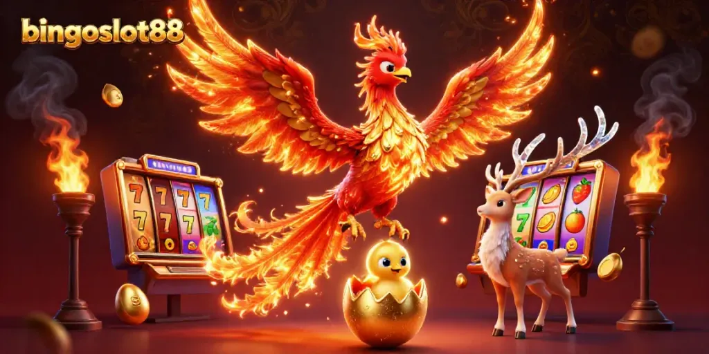 Permainan bingoslot88 menghadirkan phoenix api, simbol jackpot, dan suasana kasino yang berkilau.