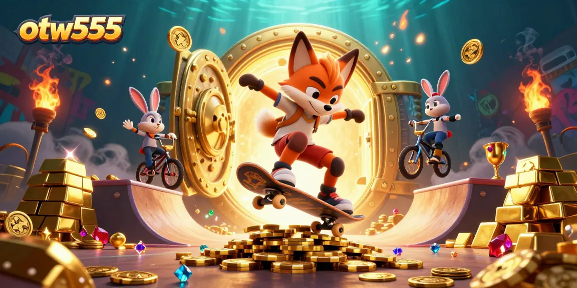Engage with otw555's thrilling casino scene featuring dynamic characters and glowing treasures.