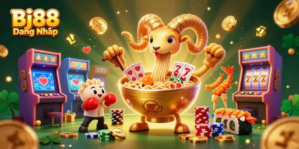 Bj88 Đăng Nhập showcases a golden ramen bowl and characters in a colorful casino scene with vibrant gaming elements.