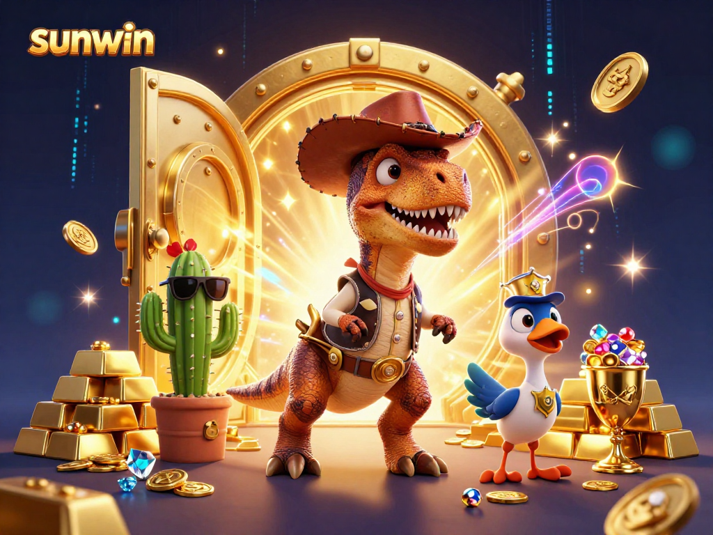 Experience the thrill of casino gaming with sunwin's vibrant characters and treasure-filled dynamic scene.