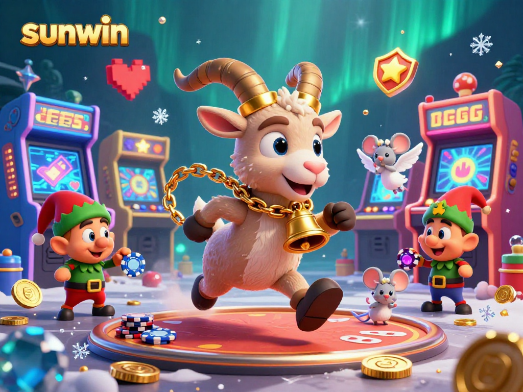 Engage with sunwin's colorful casino scene featuring a Krampus goat, an angel mouse, and mischievous elves.
