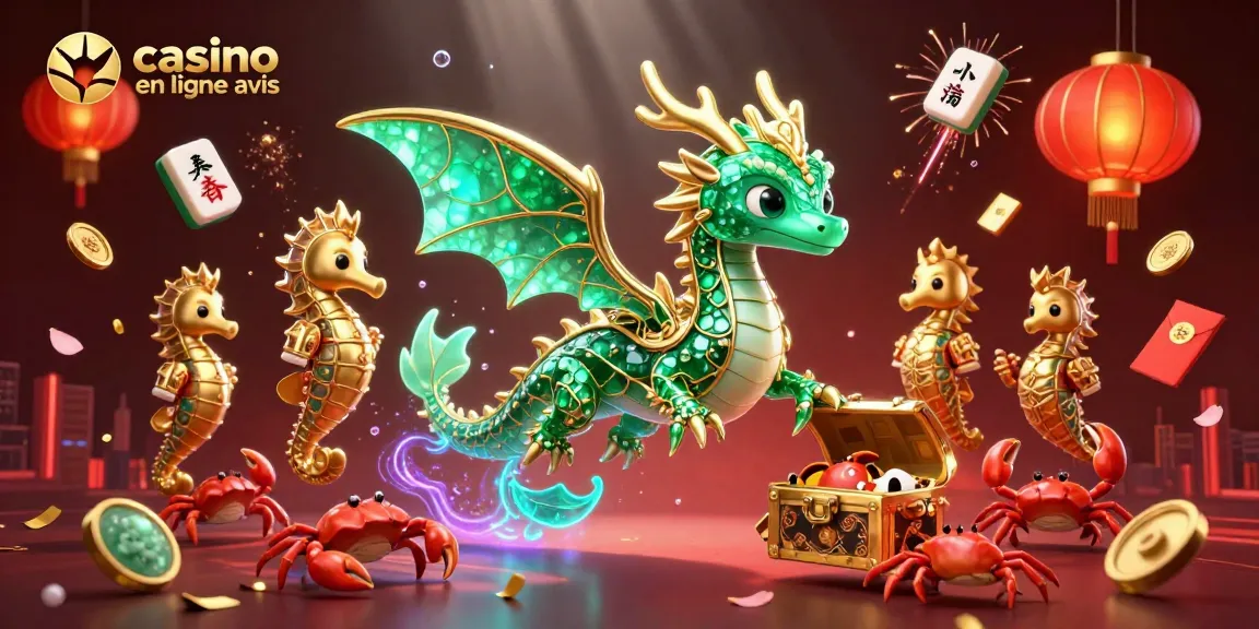 Visualisez les avis de casino en ligne avec un dragon de mer et des éléments festifs captivants.
