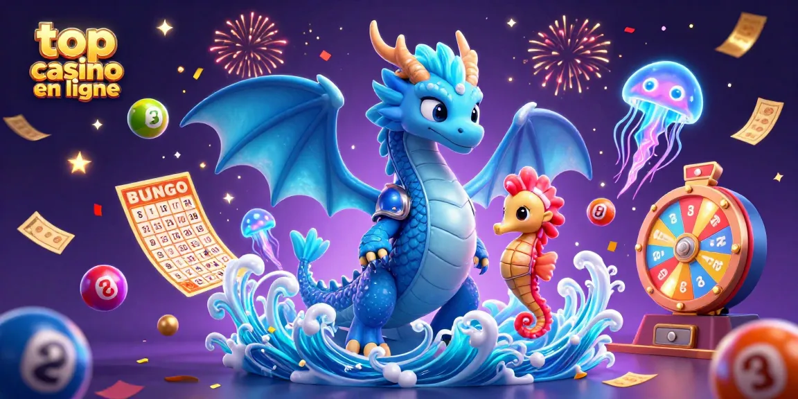 Découvrez le top casino en ligne avec une illustration captivante d'un dragon d'eau et des jeux de loterie.