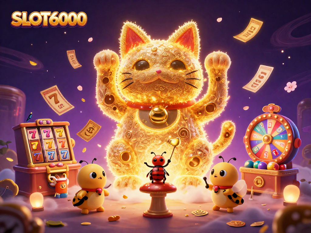 SLOT6000 showcases a giant lucky cat shaped by fireflies amid vibrant casino elements for an engaging gaming experience.