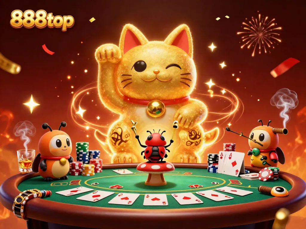 Experience the excitement of 888top with a vibrant scene featuring a lucky cat made of fireflies and casino elements.
