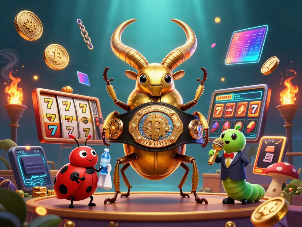 Experience thrilling slot action with the giant glowing beetle and characters in a casino scene.