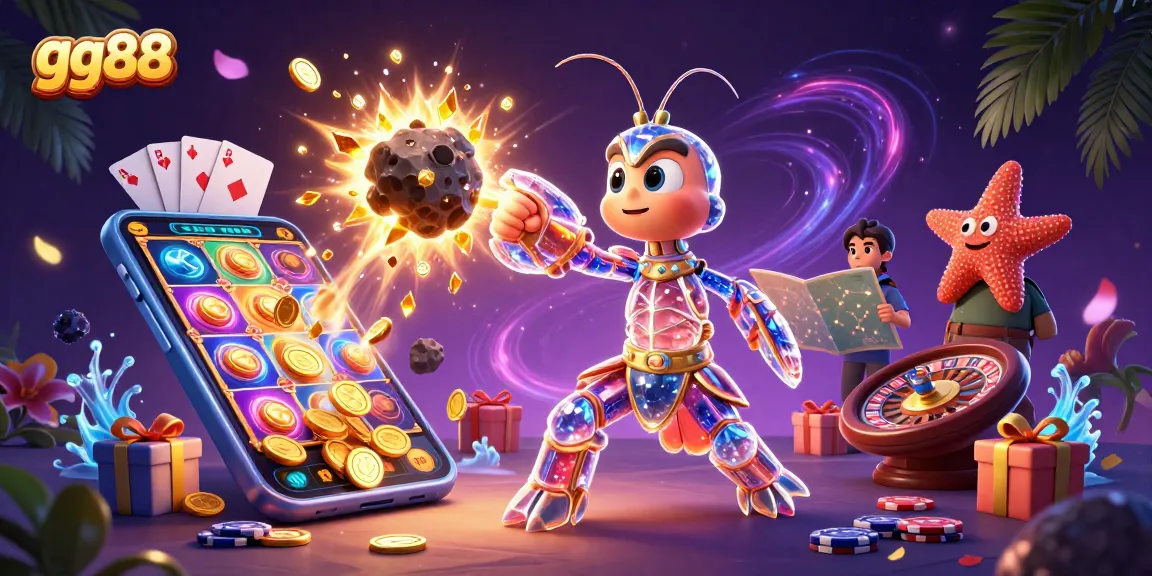 Experience thrilling gameplay at gg88 with a galactic mantis shrimp surrounded by rich casino elements.
